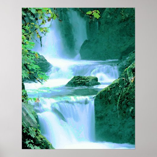 Serene Waterfall in Blue en Green Poster (Voorkant)