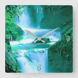 Serene Waterfall in Blue en Green Vierkante Klok