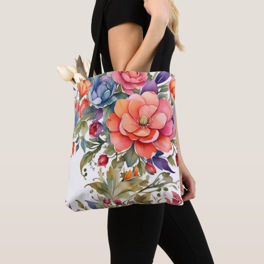 Serene waterverf bloemmotief ontwerp tote bag (Dichtbij)