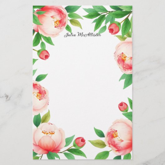Serene Waterverf Blooming Peony Flowers Briefpapier (Voorkant)