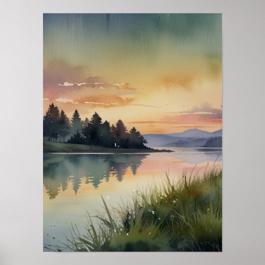 Serene Waterverf Mountain Landscape Art Print (Voorkant)