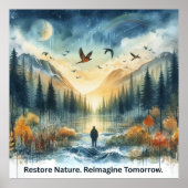 Serene Waterverf Natuur Landschap met Hawks Art Poster (Voorkant)