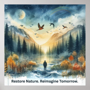 Serene Waterverf Natuur Landschap met Hawks Art Poster