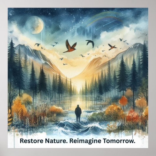 Serene Waterverf Natuur Landschap met Hawks Art Poster (Voorkant)