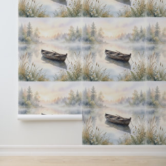 Serene waterverf roeiboot op nevelig meer bij zons behang