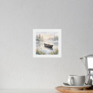 Serene waterverf roeiboot op nevelig meer bij zons folie afdrukken