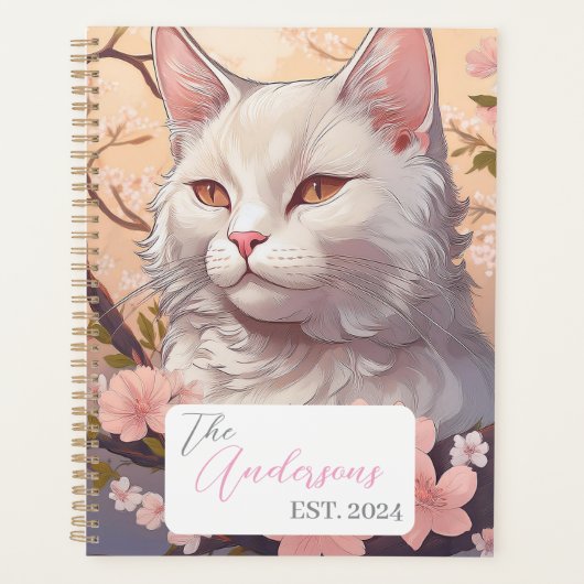 Serene White Cat Planner met naam en jaar (Voorkant)