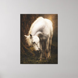 Serene White Horse Grazing Bluebells Realistic Canvas Afdruk