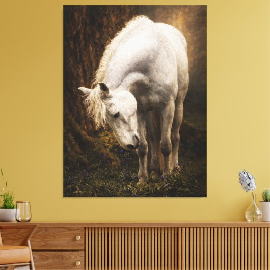 Serene White Horse Grazing Bluebells Realistic Canvas Afdruk (Insitu (Woonkamer))