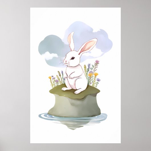 Serene White Rabbit op Meadow Island Poster (Voorkant)