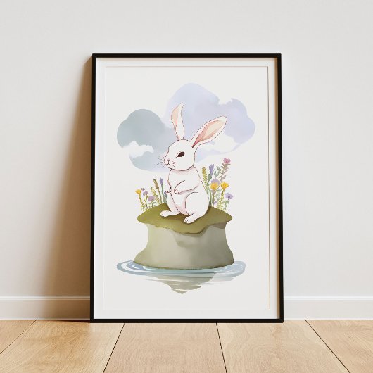Serene White Rabbit op Meadow Island Poster