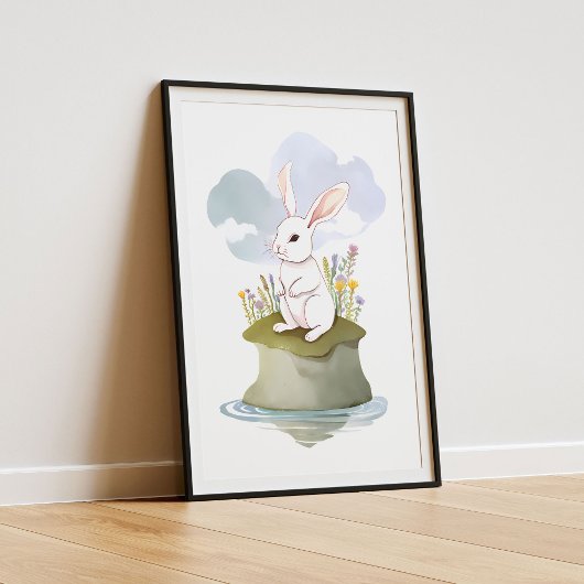 Serene White Rabbit op Meadow Island Poster