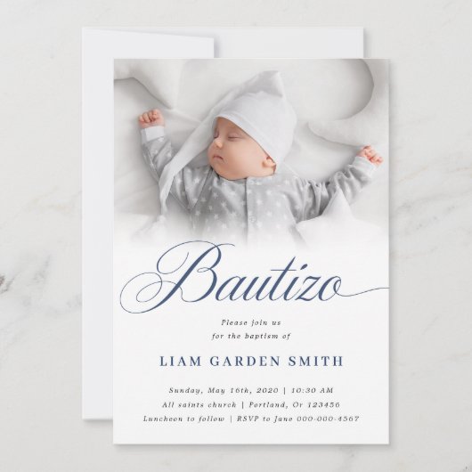 Serene White Script Bautizo Foto Ontwerp Kaart (Voorkant)