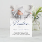 Serene White Script Bautizo Foto Ontwerp Kaart (Staand voorkant)