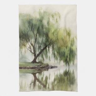 Serene Wilgenboom Reflectie Natuur Kunst (12) Theedoek