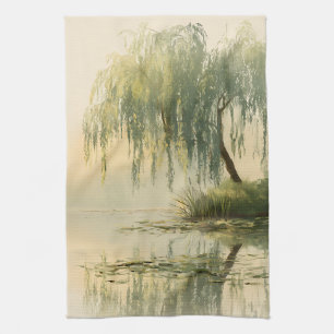 Serene Wilgenboom Reflectie Natuur Kunst (1) Theedoek