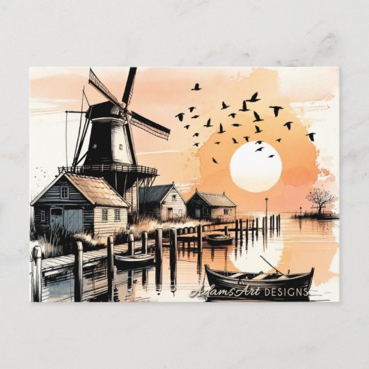 Serene Windmolen Zonsondergang Haven Feestdagenkaart (Voorkant)