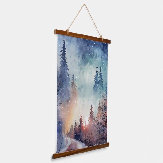 Serene Winter Forest Waterverf Schilderen Natuur Hangend Wandkleed (Gebogen)
