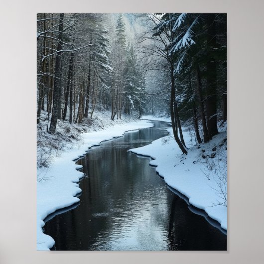 Serene Winter River Flowing Through Snowy Forest Poster (Voorkant)