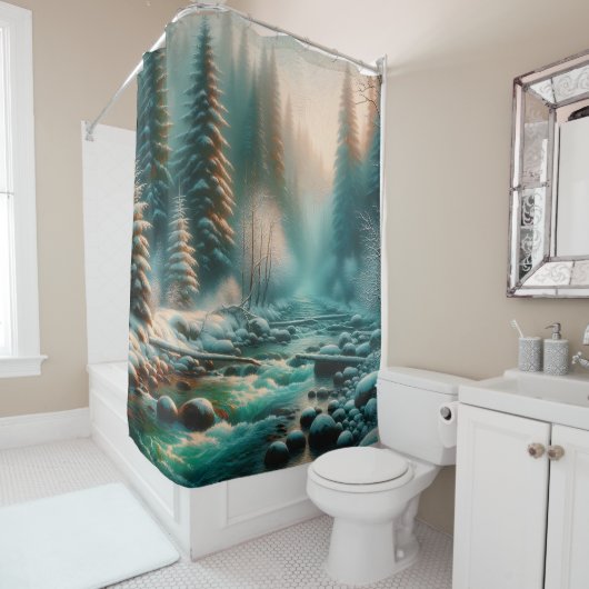 Serene Winter River Scene Douchegordijn (In situ)