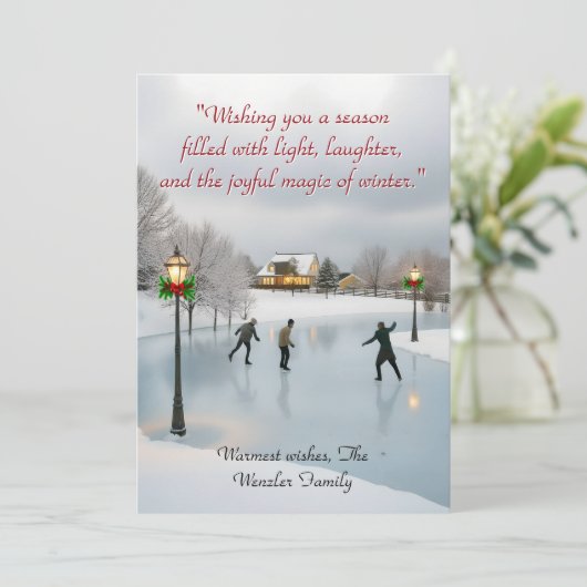 Serene winter scene with ice skaters feestdagenkaart (Staand voorkant)