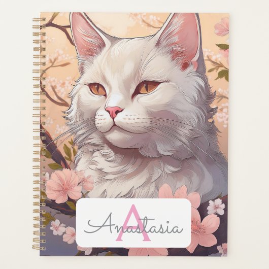 Serene Witte Kat Planner met Naam & Monogram (Voorkant)