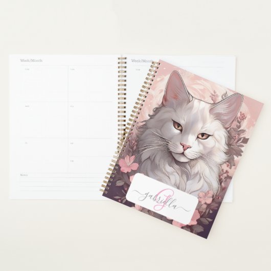 Serene Witte Kat Planner met Naam & Monogram (Display)
