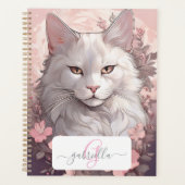 Serene Witte Kat Planner met Naam & Monogram (Voorkant)