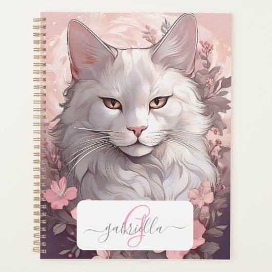 Serene Witte Kat Planner met Naam & Monogram (Voorkant)