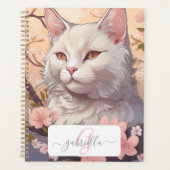 Serene Witte Kat Planner met Naam & Monogram (Voorkant)