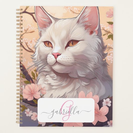 Serene Witte Kat Planner met Naam & Monogram (Voorkant)