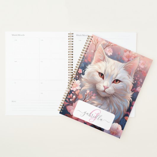 Serene Witte Kat Planner met Naam & Monogram (Display)