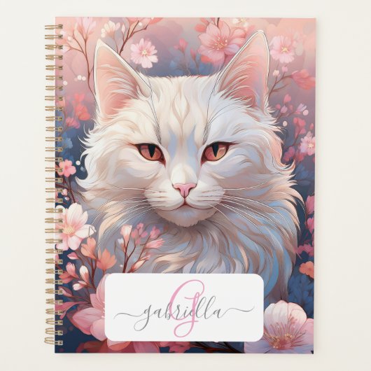 Serene Witte Kat Planner met Naam & Monogram (Voorkant)
