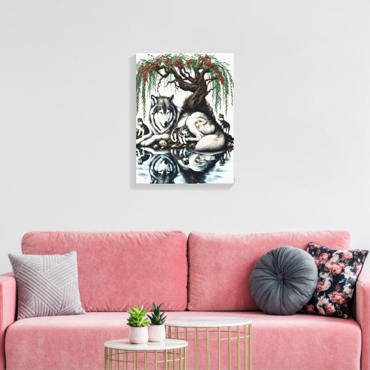 Serene Wolf Familie Oase in Idyllische Natuur 12x1 Canvas Afdruk (Insitu (Woonkamer))
