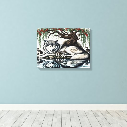Serene Wolf Familie Oase in Idyllische Natuur 16x1 Canvas Afdruk (Insitu (Houten vloer))