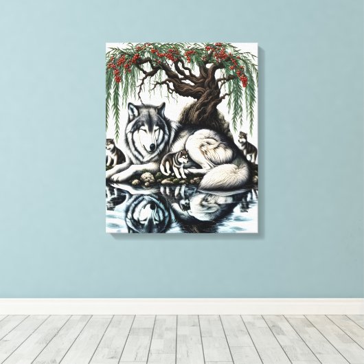 Serene Wolf Familie Oase in Idyllische Natuur 16x2 Canvas Afdruk (Insitu (Houten vloer))