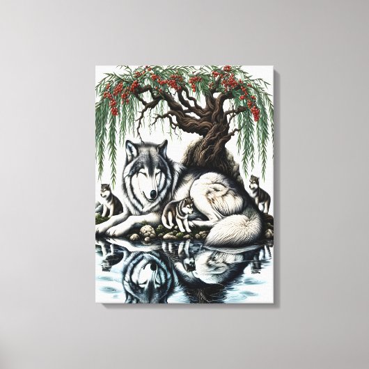 Serene Wolf Familie Oase in Idyllische Natuur 18x2 Canvas Afdruk (Voorkant)