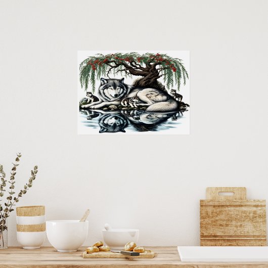 Serene Wolf Familie Oase in Idyllische Natuur 24x1 Poster (Keuken)