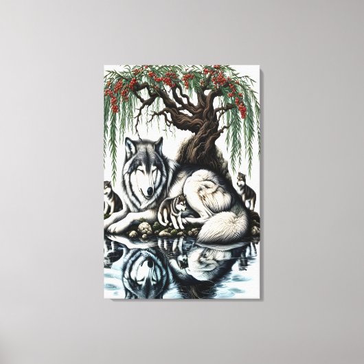 Serene Wolf Familie Oase in Idyllische Natuur 24x3 Canvas Afdruk (Voorkant)