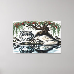 Serene Wolf Familie Oase in Idyllische Natuur 36x2 Canvas Afdruk