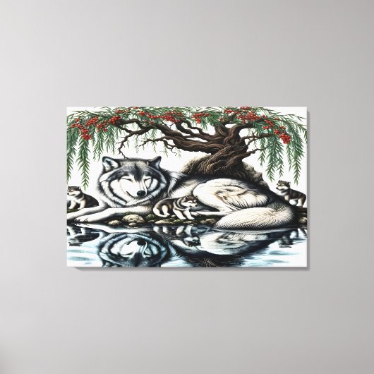Serene Wolf Familie Oase in Idyllische Natuur 36x2 Canvas Afdruk (Voorkant)