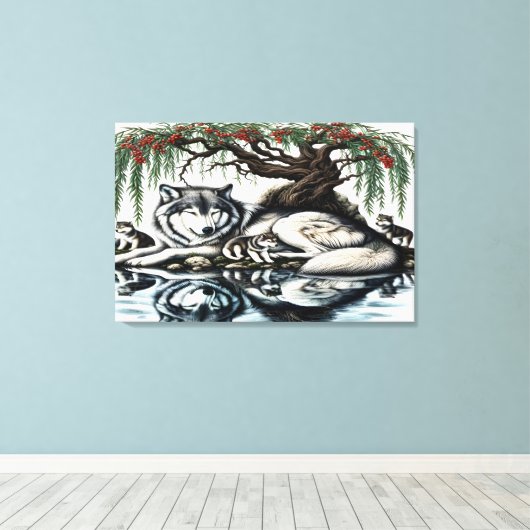 Serene Wolf Familie Oase in Idyllische Natuur 36x2 Canvas Afdruk (Insitu (Houten vloer))
