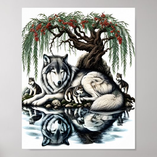 Serene Wolf Familie Oase in Idyllische Natuur 8x10 Poster (Voorkant)