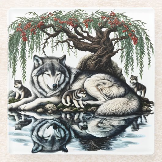 Serene Wolf Familie Oase in Idyllische Natuur Glazen Onderzetter (Voorkant)