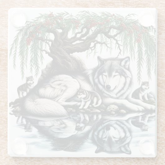 Serene Wolf Familie Oase in Idyllische Natuur Glazen Onderzetter (Achterkant)