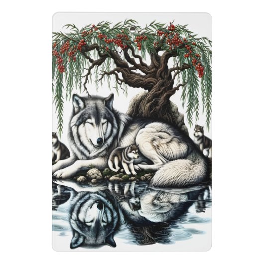 Serene Wolf Familie Oase in Idyllische Natuur Mini Klembord (Achterkant)