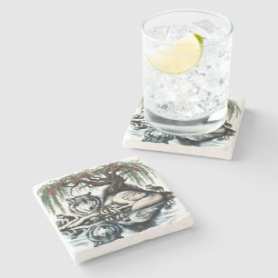 Serene Wolf Familie Oase in Idyllische Natuur Stenen Onderzetter