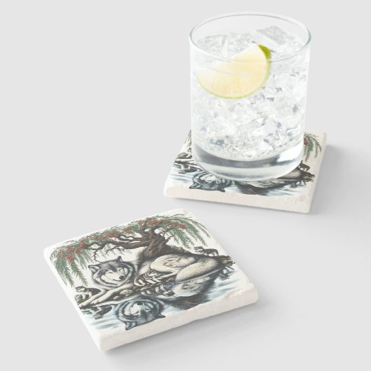 Serene Wolf Familie Oase in Idyllische Natuur Stenen Onderzetter (Zijkant)