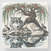 Serene Wolf Familie Oase in Idyllische Natuur Stenen Onderzetter (Voorkant)