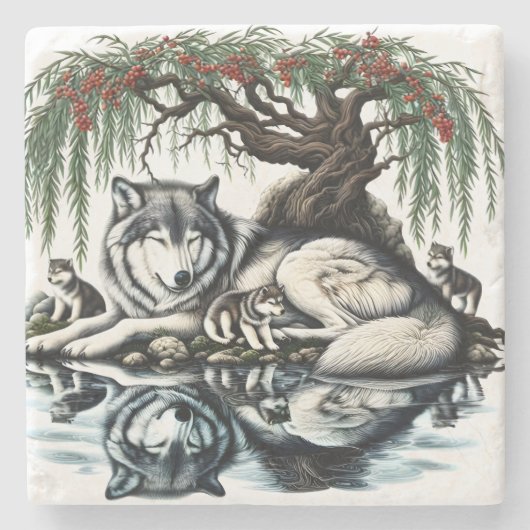 Serene Wolf Familie Oase in Idyllische Natuur Stenen Onderzetter (Voorkant)